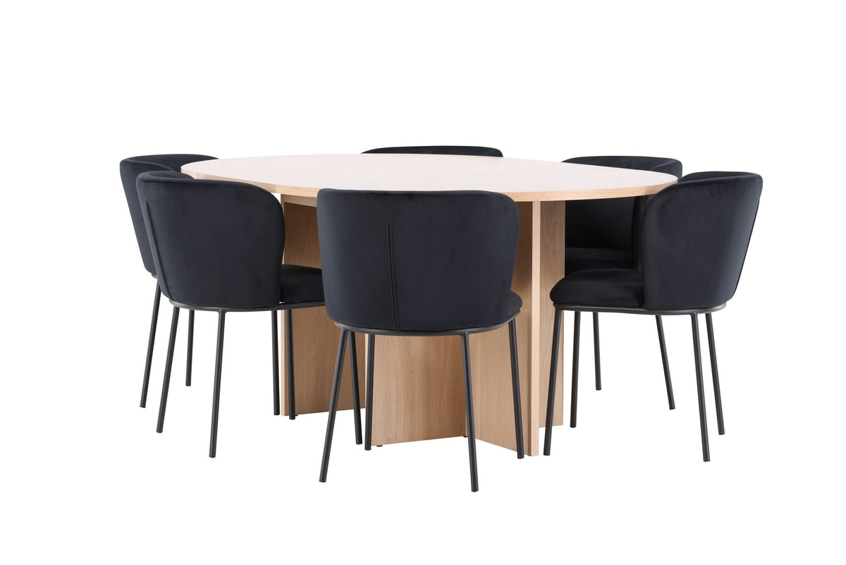 Schwarzer Esstisch Strada aus MDF mit sechs Edina Stühlen mit Samtbezug, ausziehbare Tischplatte, skandinavisches Design von Venture Home.