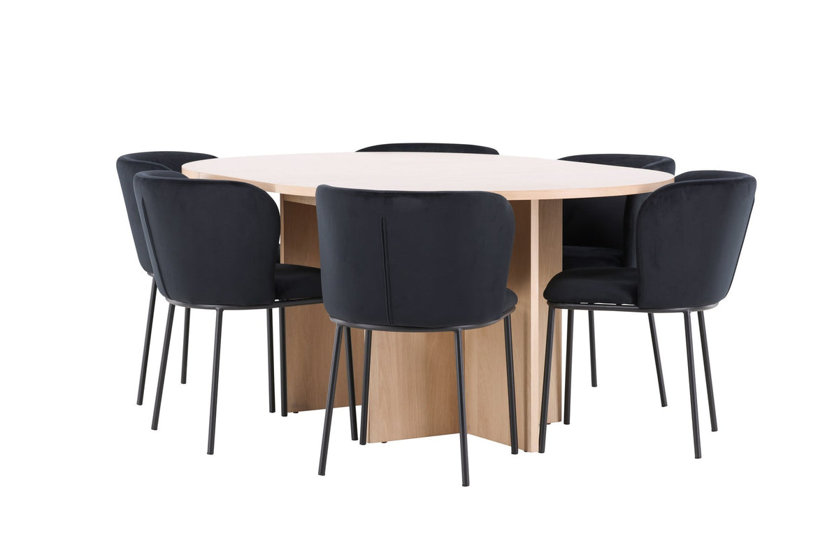 Schwarzer Esstisch Strada aus MDF mit sechs Edina Stühlen mit Samtbezug, ausziehbare Tischplatte, skandinavisches Design von Venture Home.