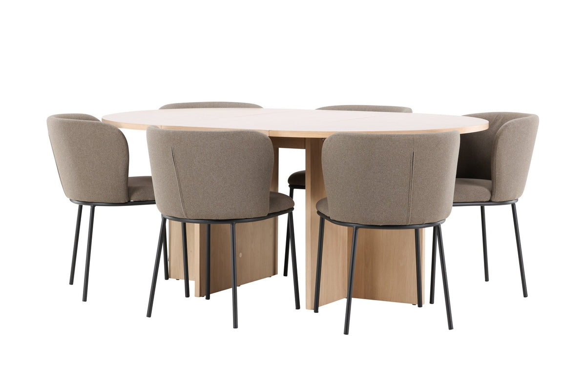 Schwarzer Esstisch Strada aus MDF mit sechs Edina Stühlen mit Samtbezug, ausziehbare Tischplatte, skandinavisches Design von Venture Home.