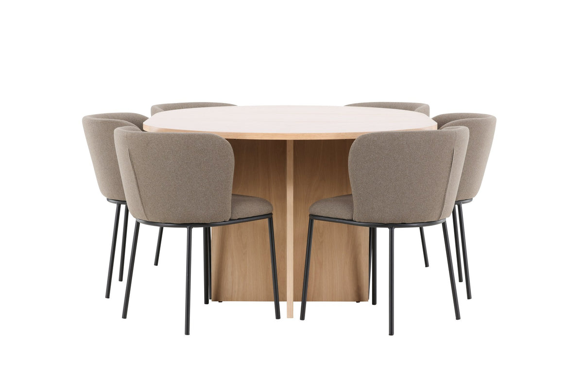 Schwarzer Esstisch Strada aus MDF mit sechs Edina Stühlen mit Samtbezug, ausziehbare Tischplatte, skandinavisches Design von Venture Home.