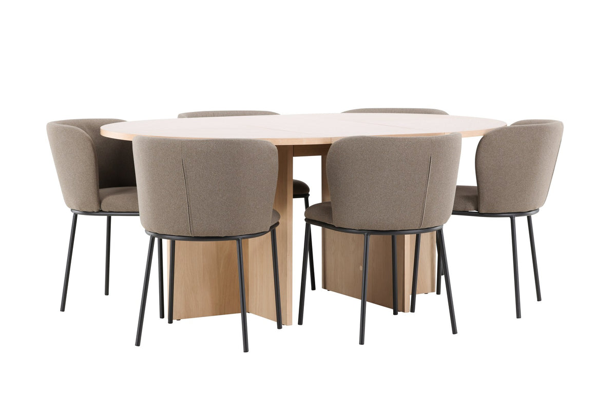 Schwarzer Esstisch Strada aus MDF mit sechs Edina Stühlen mit Samtbezug, ausziehbare Tischplatte, skandinavisches Design von Venture Home.