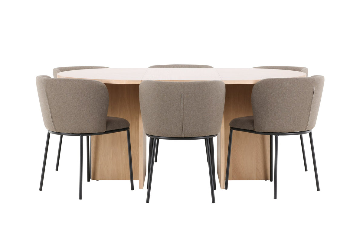 Schwarzer Esstisch Strada aus MDF mit sechs Edina Stühlen mit Samtbezug, ausziehbare Tischplatte, skandinavisches Design von Venture Home.