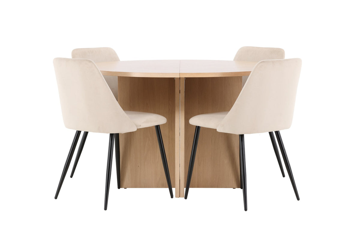 Runder Esstisch Strada aus MDF mit sechs Night-Stühlen mit Samtpolsterung und schwarzen Beinen, Esszimmerset von Venture Home