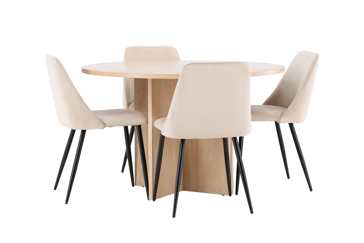 Runder Esstisch Strada aus MDF mit sechs Night-Stühlen mit Samtpolsterung und schwarzen Beinen, Esszimmerset von Venture Home