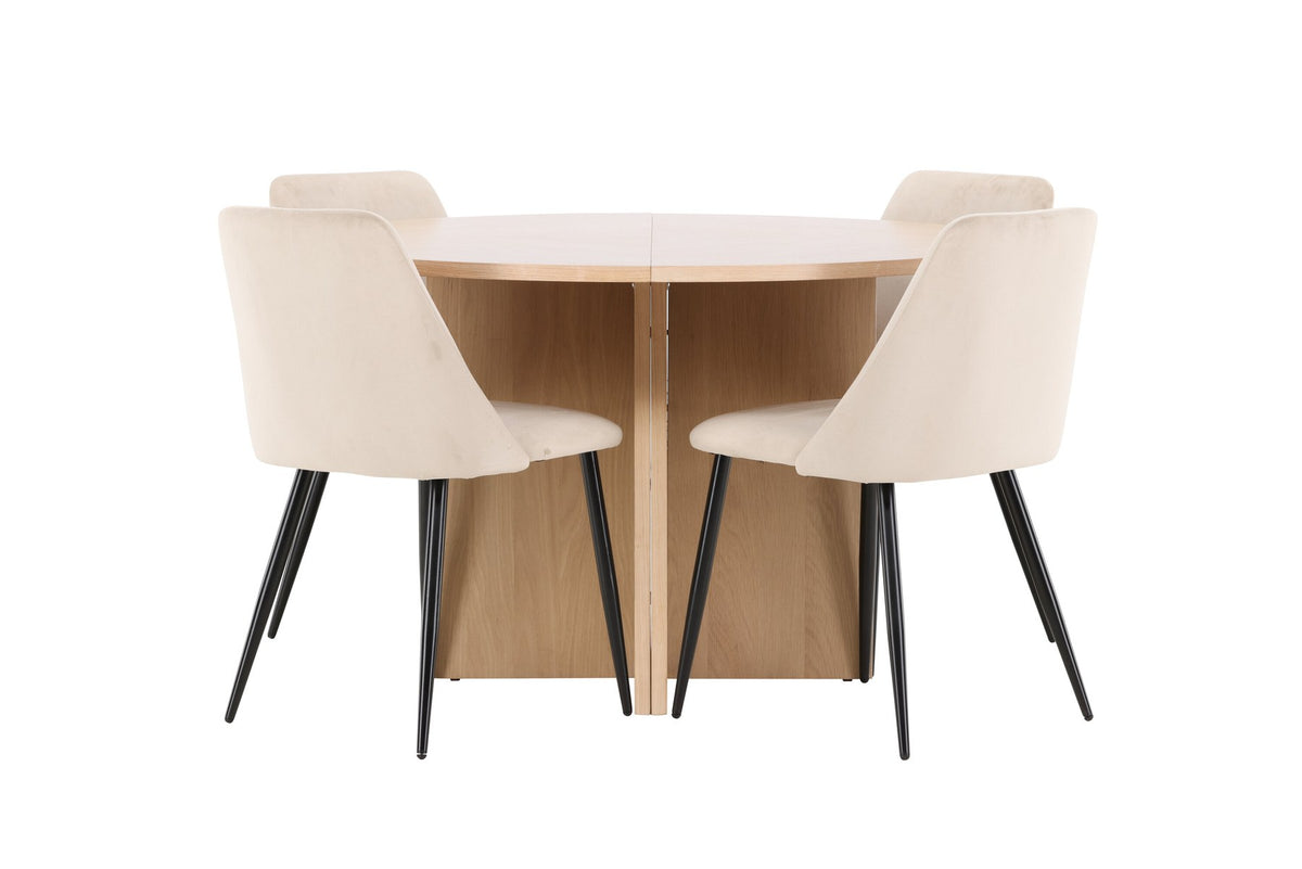 Runder Esstisch Strada aus MDF mit sechs Night-Stühlen mit Samtpolsterung und schwarzen Beinen, Esszimmerset von Venture Home