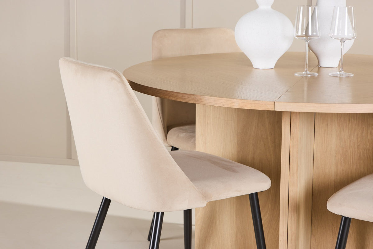 Runder Esstisch Strada aus MDF mit sechs Night-Stühlen mit Samtpolsterung und schwarzen Beinen, Esszimmerset von Venture Home
