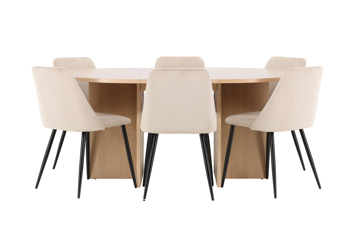 Runder Esstisch Strada aus MDF mit sechs Night-Stühlen mit Samtpolsterung und schwarzen Beinen, Esszimmerset von Venture Home