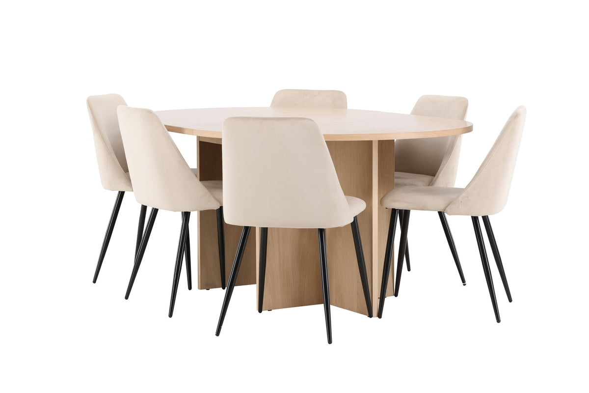 Runder Esstisch Strada aus MDF mit sechs Night-Stühlen mit Samtpolsterung und schwarzen Beinen, Esszimmerset von Venture Home