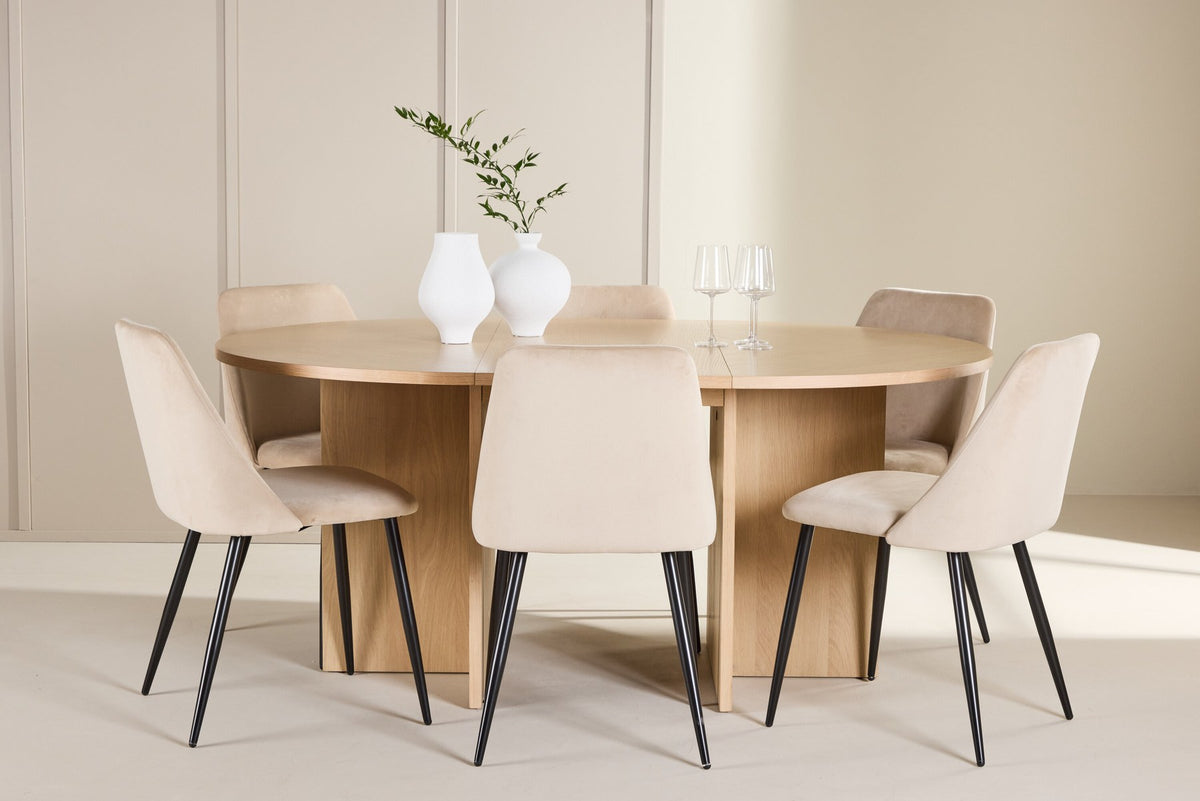 Runder Esstisch Strada aus MDF mit sechs Night-Stühlen mit Samtpolsterung und schwarzen Beinen, Esszimmerset von Venture Home