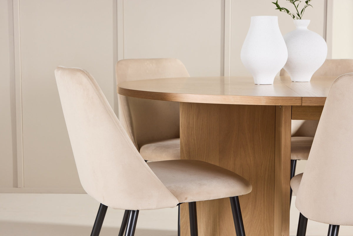 Runder Esstisch Strada aus MDF mit sechs Night-Stühlen mit Samtpolsterung und schwarzen Beinen, Esszimmerset von Venture Home