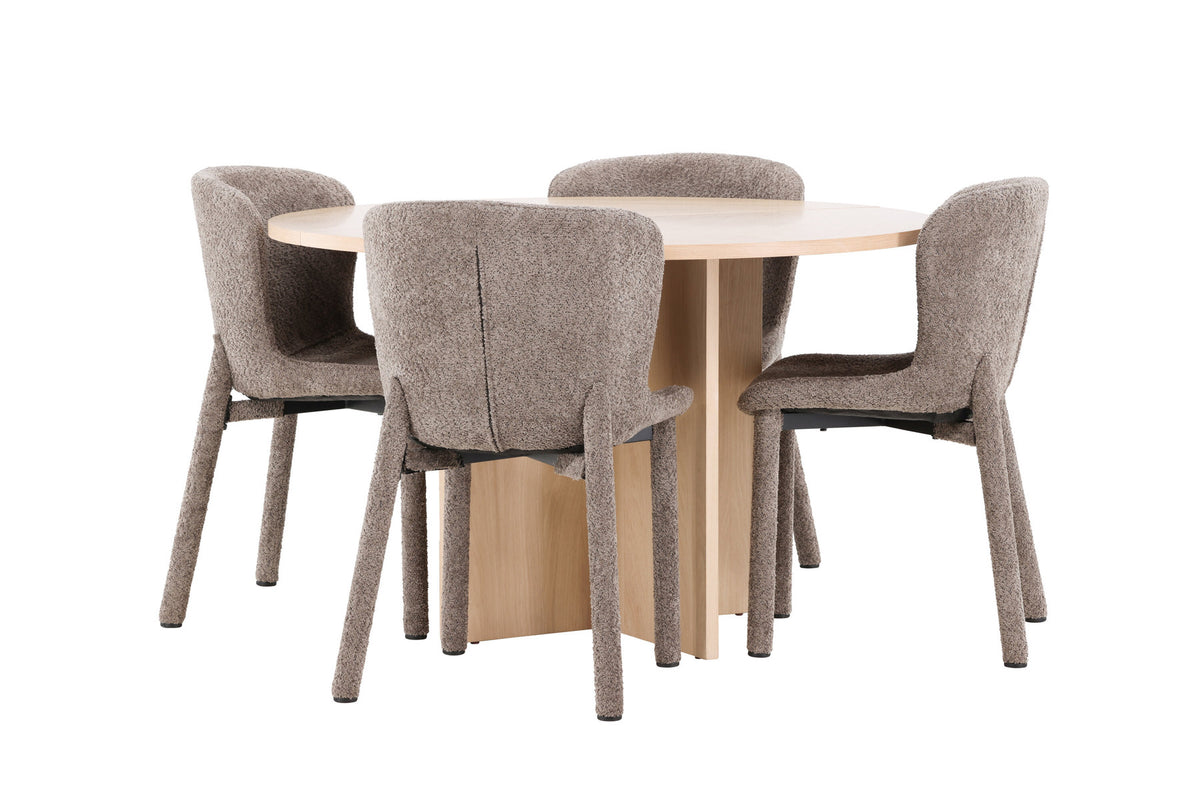 Esszimmerset Strada & Astoria: rechteckiger Esstisch mit Whitewash-Tischplatte aus MDF und zwei Stühle mit braunem Bouclé-Bezug und Stahlbeinen