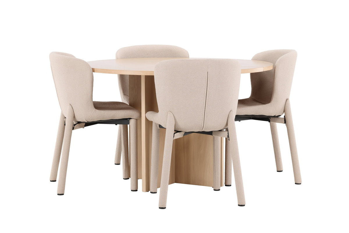 Rundes Esstischset Strada mit sechs Astoria-Stühlen aus MDF und Bouclé-Bezug, Ausführung Schwarz oder White Wash, sechs Sitzplätze