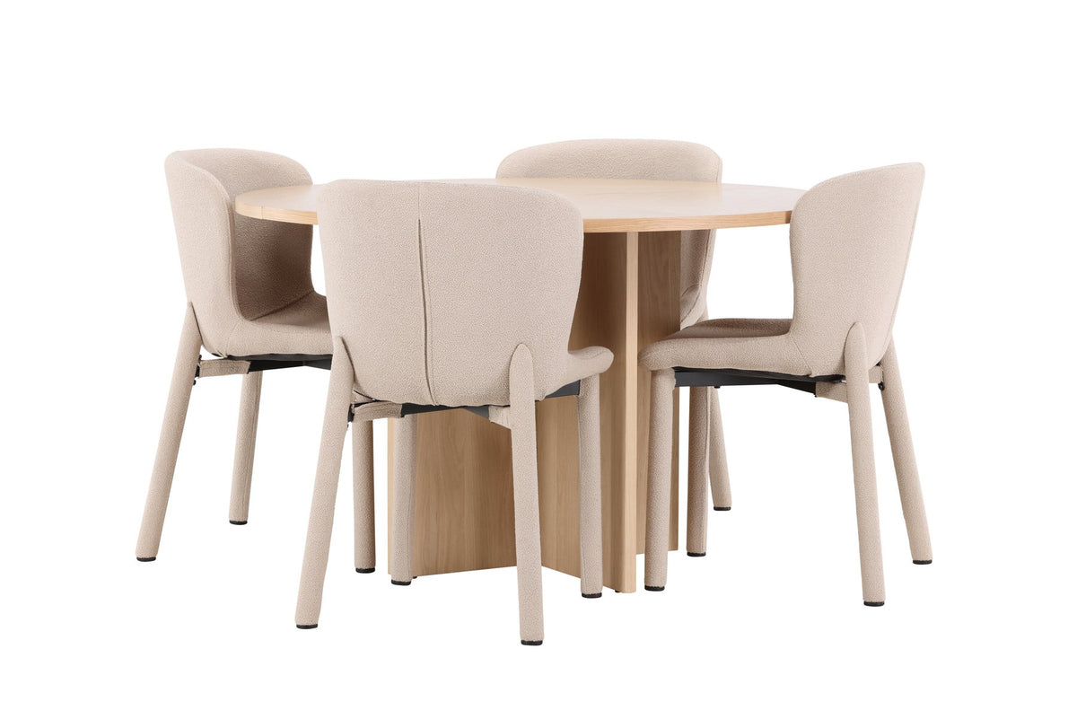 Rundes Esstischset Strada mit sechs Astoria-Stühlen aus MDF und Bouclé-Bezug, Ausführung Schwarz oder White Wash, sechs Sitzplätze