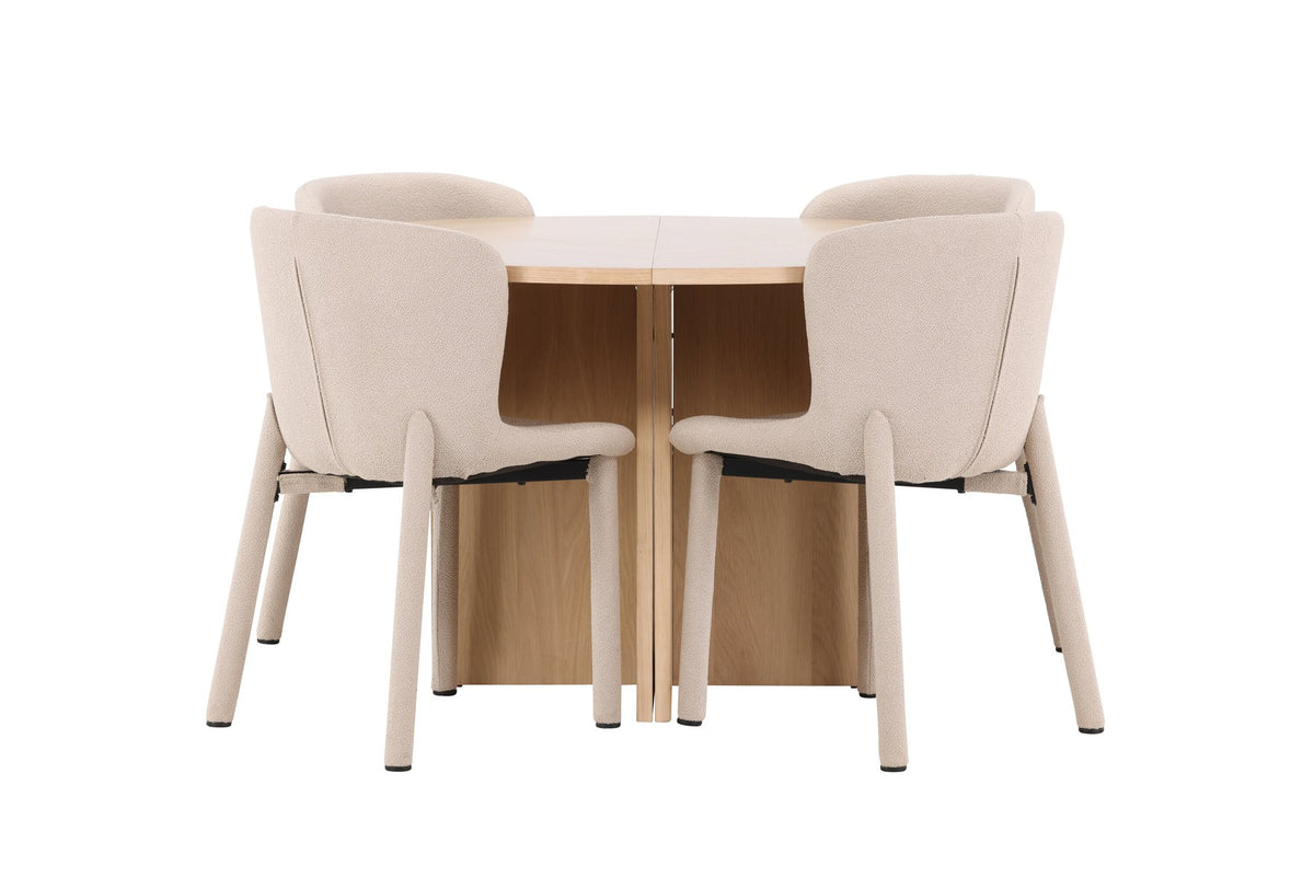 Rundes Esstischset Strada mit sechs Astoria-Stühlen aus MDF und Bouclé-Bezug, Ausführung Schwarz oder White Wash, sechs Sitzplätze