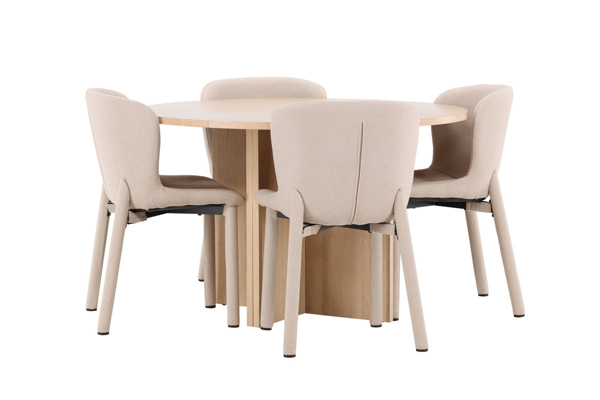 Rundes Esstischset Strada mit sechs Astoria-Stühlen aus MDF und Bouclé-Bezug, Ausführung Schwarz oder White Wash, sechs Sitzplätze