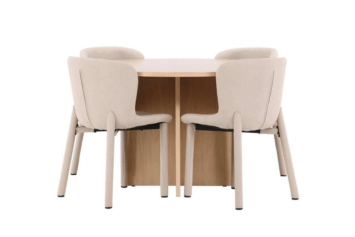 Rundes Esstischset Strada mit sechs Astoria-Stühlen aus MDF und Bouclé-Bezug, Ausführung Schwarz oder White Wash, sechs Sitzplätze