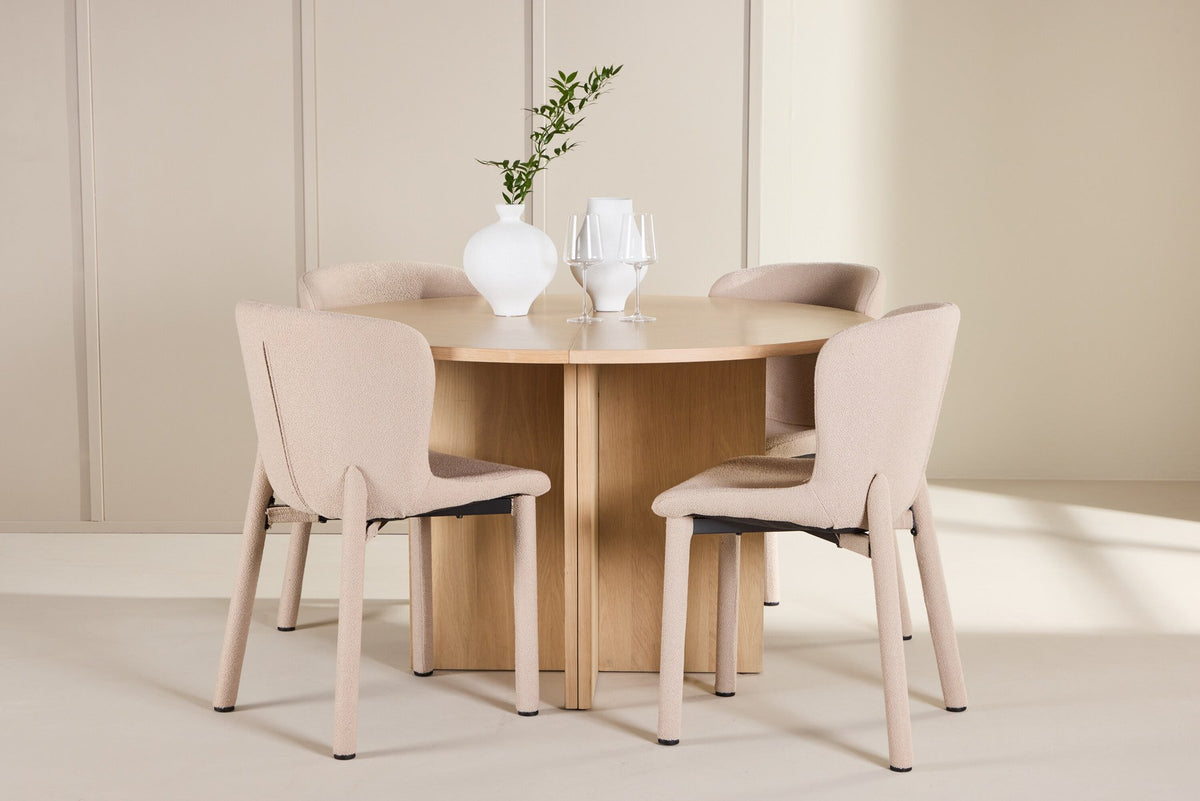 Rundes Esstischset Strada mit sechs Astoria-Stühlen aus MDF und Bouclé-Bezug, Ausführung Schwarz oder White Wash, sechs Sitzplätze