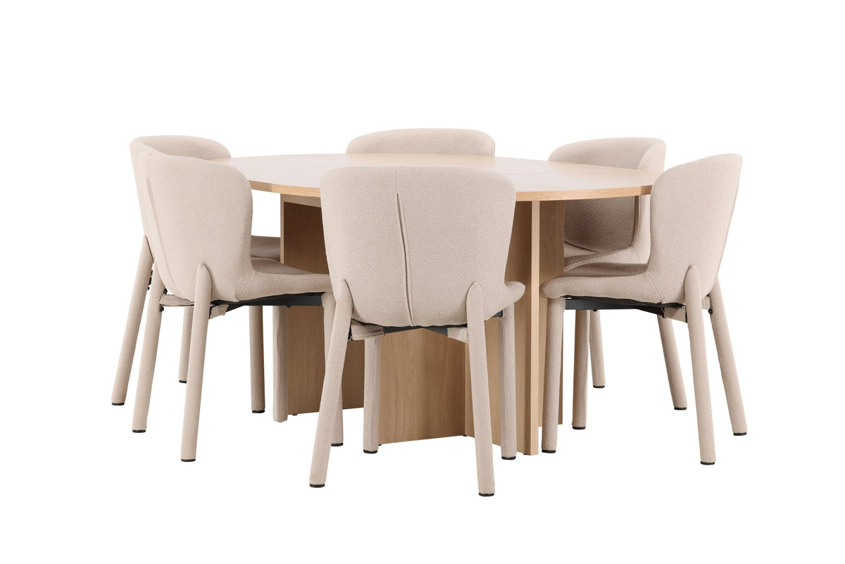 Rundes Esstischset Strada mit sechs Astoria-Stühlen aus MDF und Bouclé-Bezug, Ausführung Schwarz oder White Wash, sechs Sitzplätze