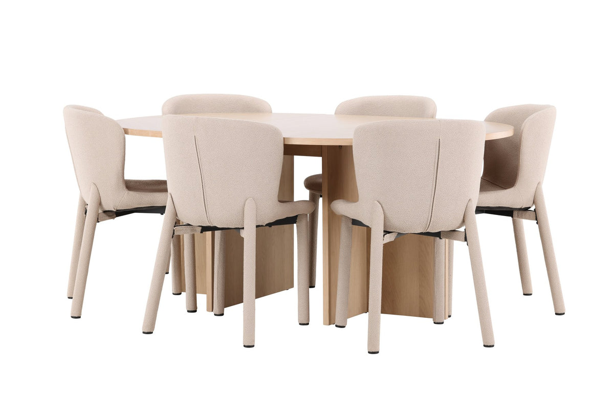 Rundes Esstischset Strada mit sechs Astoria-Stühlen aus MDF und Bouclé-Bezug, Ausführung Schwarz oder White Wash, sechs Sitzplätze