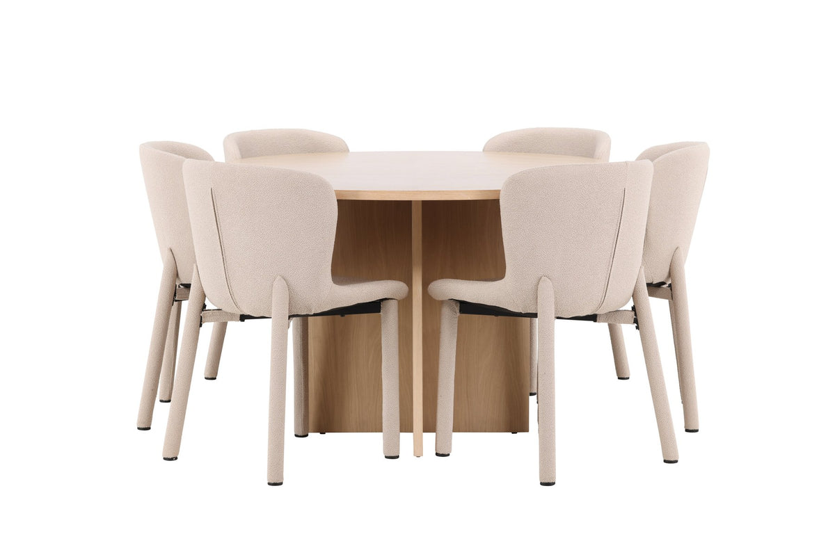 Rundes Esstischset Strada mit sechs Astoria-Stühlen aus MDF und Bouclé-Bezug, Ausführung Schwarz oder White Wash, sechs Sitzplätze