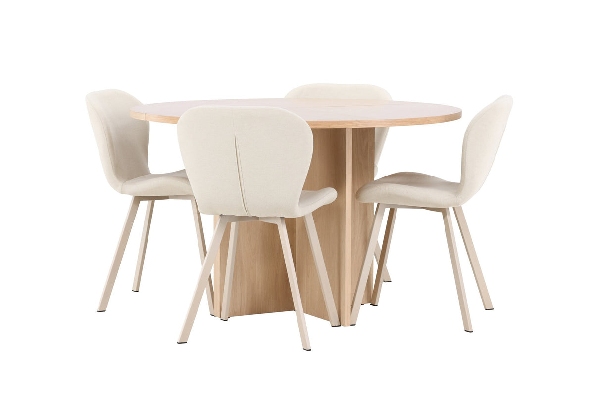 Runder Esstisch Strada aus MDF in White Wash mit sechs Lilja Stühlen, Esszimmerset von Venture Home in schlichtem Design
