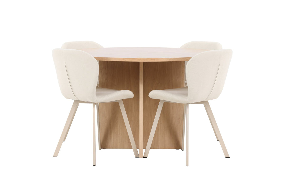 Runder Esstisch Strada aus MDF in White Wash mit sechs Lilja Stühlen, Esszimmerset von Venture Home in schlichtem Design