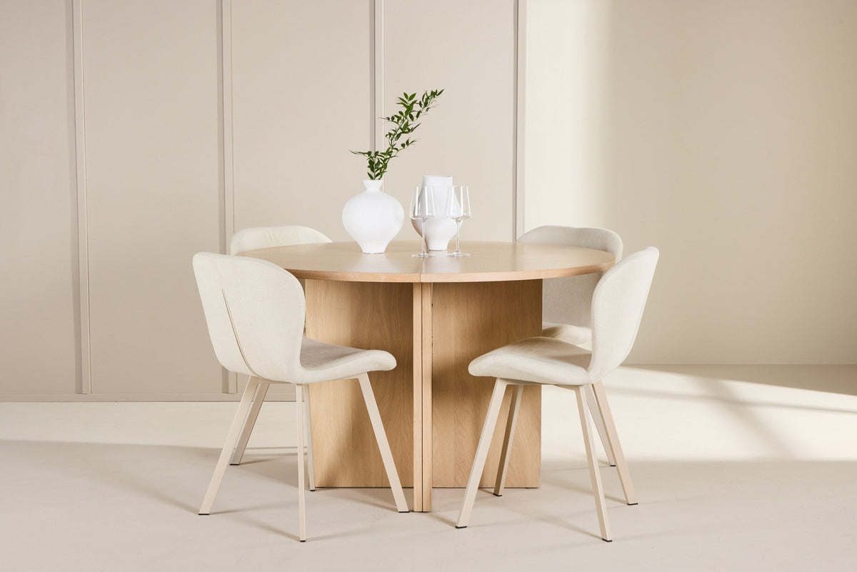 Runder Esstisch Strada aus MDF in White Wash mit sechs Lilja Stühlen, Esszimmerset von Venture Home in schlichtem Design
