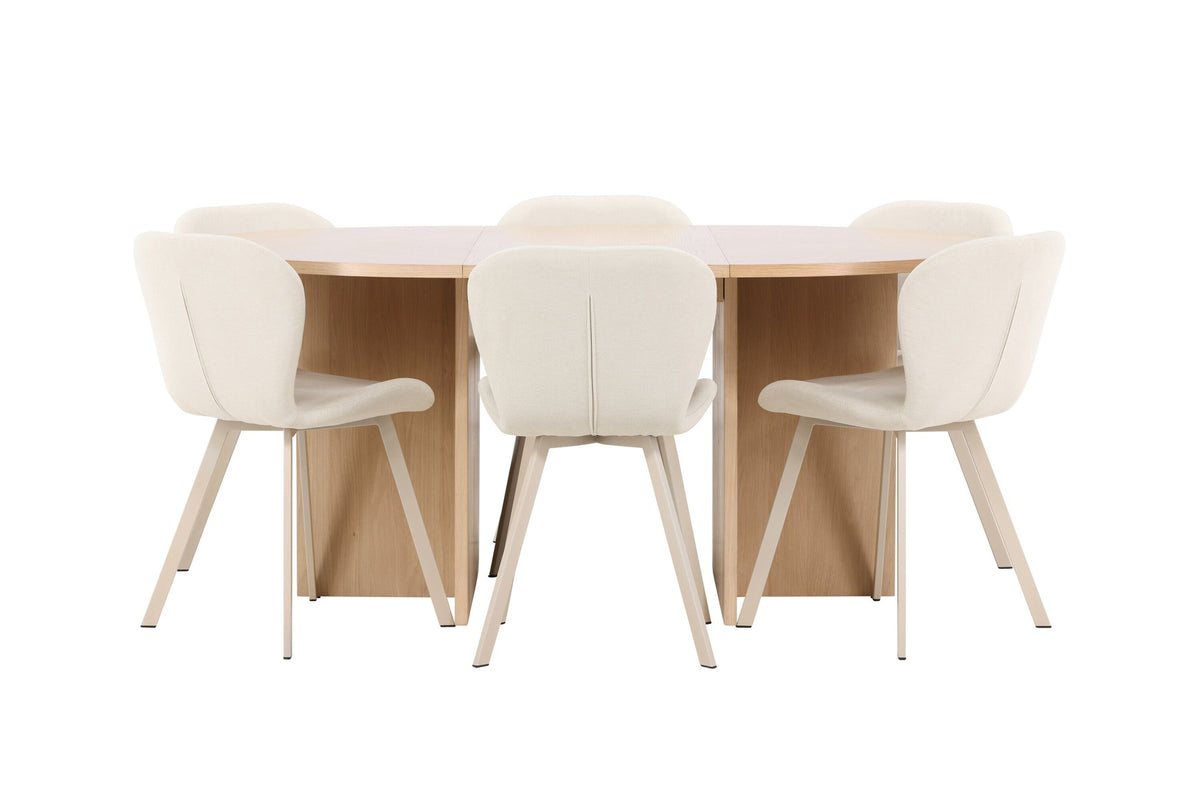 Runder Esstisch Strada aus MDF in White Wash mit sechs Lilja Stühlen, Esszimmerset von Venture Home in schlichtem Design