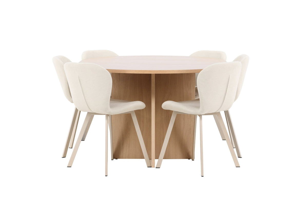 Runder Esstisch Strada aus MDF in White Wash mit sechs Lilja Stühlen, Esszimmerset von Venture Home in schlichtem Design