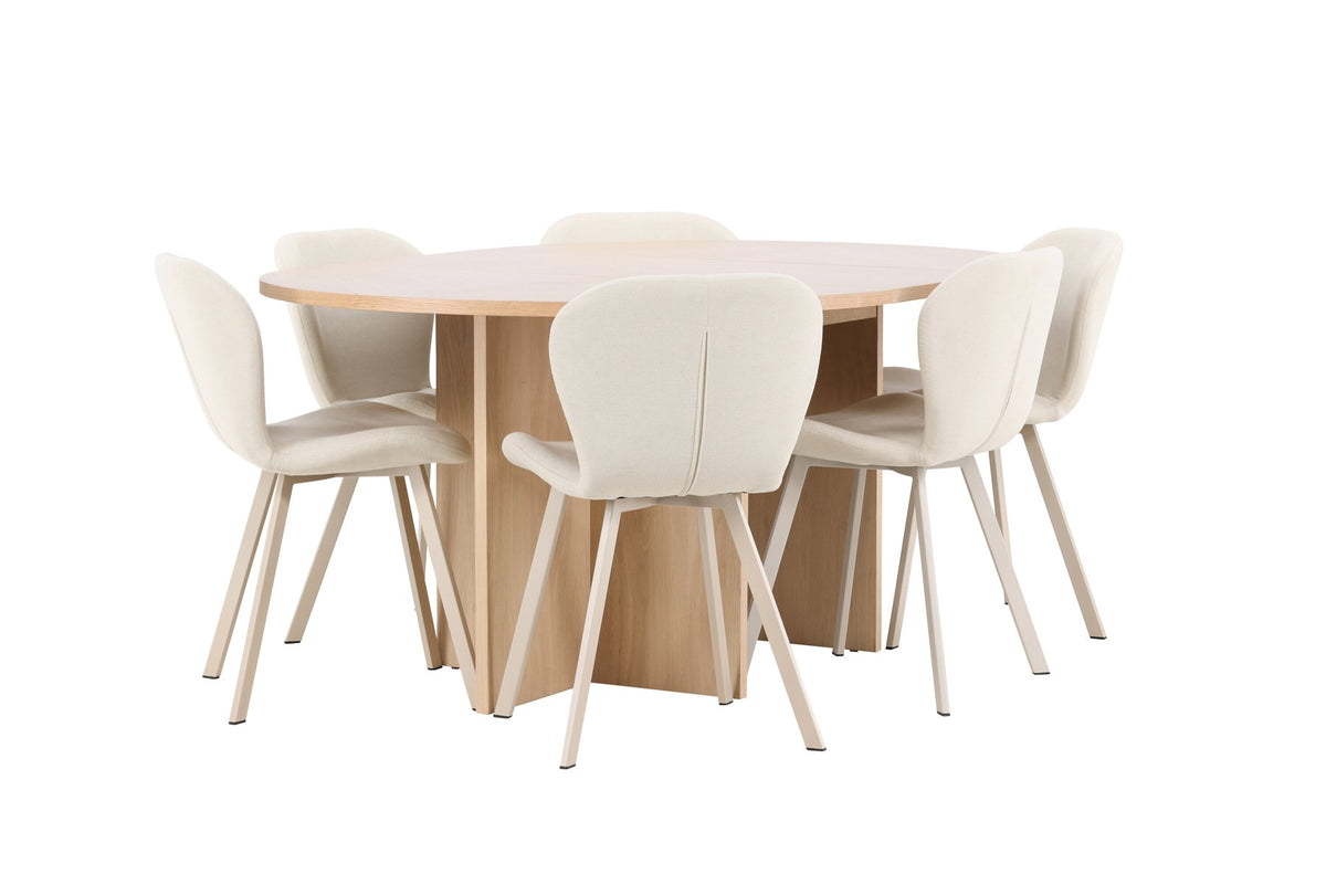 Runder Esstisch Strada aus MDF in White Wash mit sechs Lilja Stühlen, Esszimmerset von Venture Home in schlichtem Design