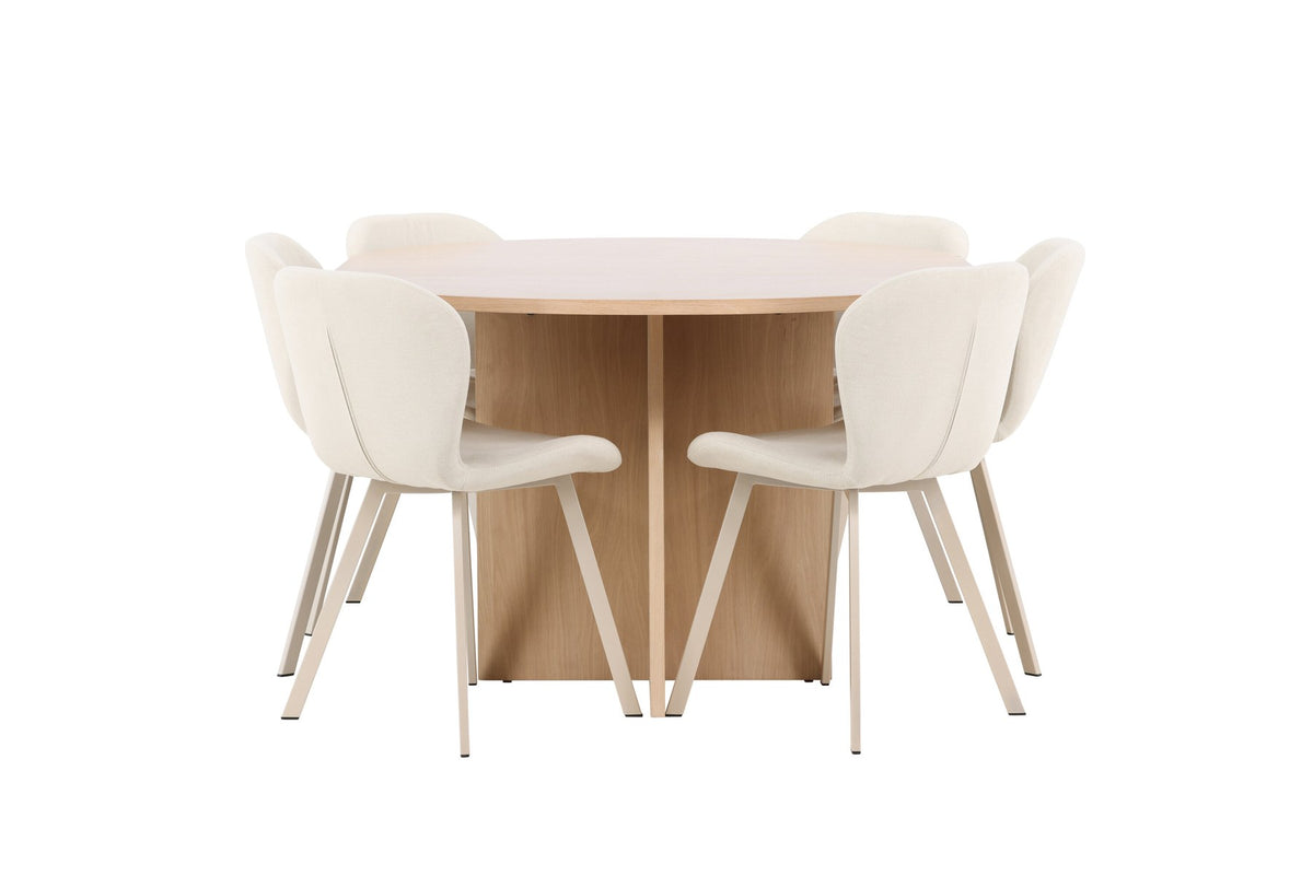Runder Esstisch Strada aus MDF in White Wash mit sechs Lilja Stühlen, Esszimmerset von Venture Home in schlichtem Design