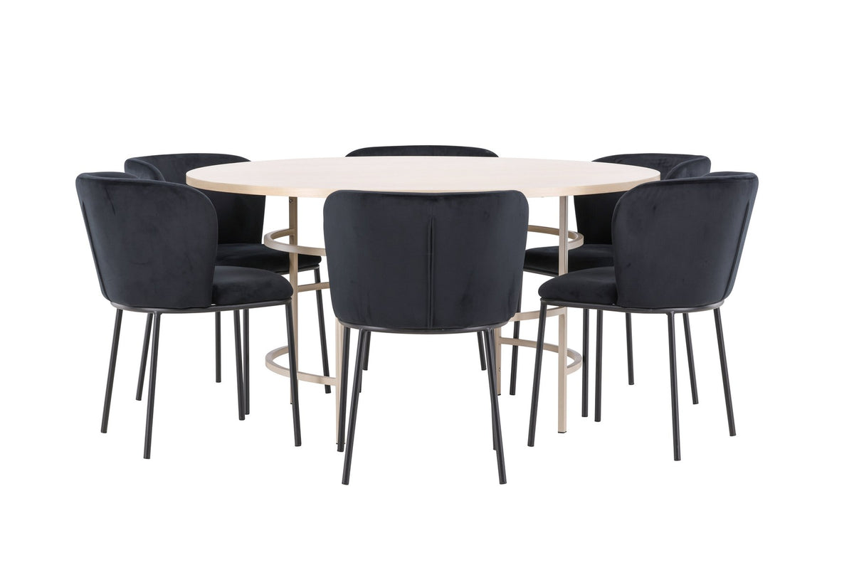 Rundes Esszimmerset Copenhagen von Venture Home: Esstisch aus MDF in White Wash mit sechs Edina Stühlen mit Metallgestell