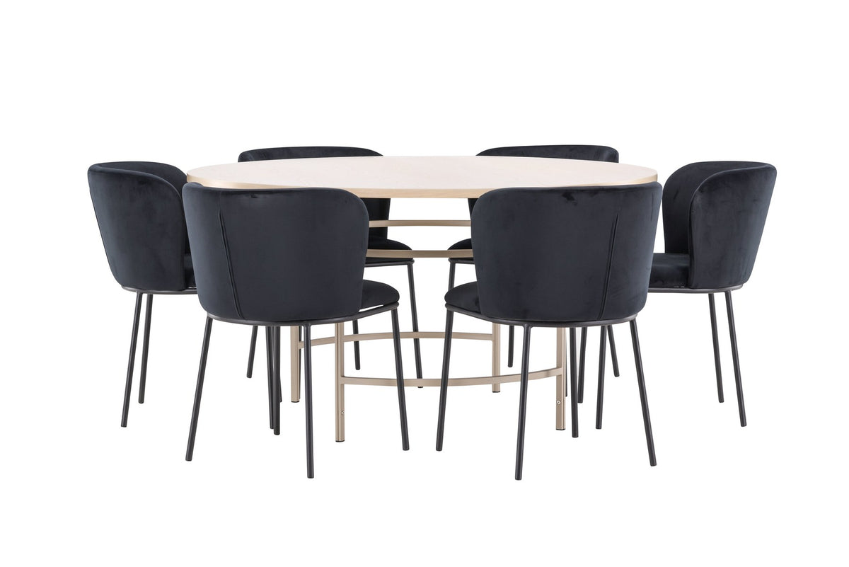 Rundes Esszimmerset Copenhagen von Venture Home: Esstisch aus MDF in White Wash mit sechs Edina Stühlen mit Metallgestell