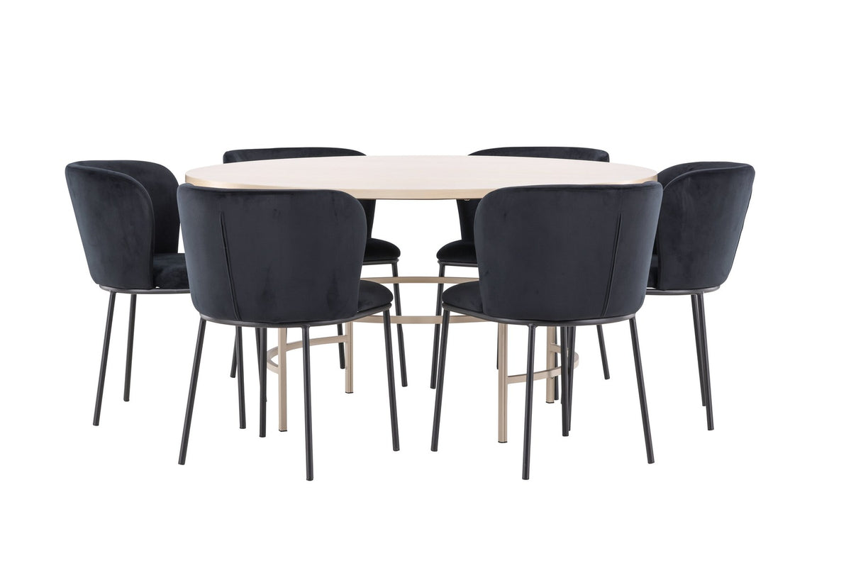 Rundes Esszimmerset Copenhagen von Venture Home: Esstisch aus MDF in White Wash mit sechs Edina Stühlen mit Metallgestell