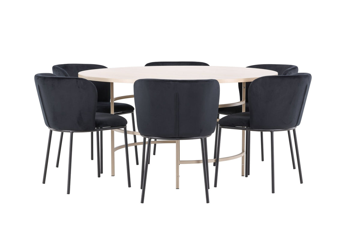 Rundes Esszimmerset Copenhagen von Venture Home: Esstisch aus MDF in White Wash mit sechs Edina Stühlen mit Metallgestell