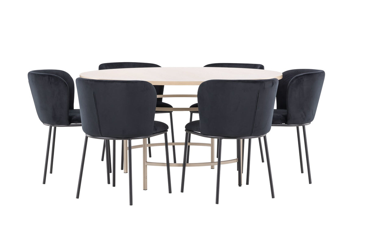 Rundes Esszimmerset Copenhagen von Venture Home: Esstisch aus MDF in White Wash mit sechs Edina Stühlen mit Metallgestell
