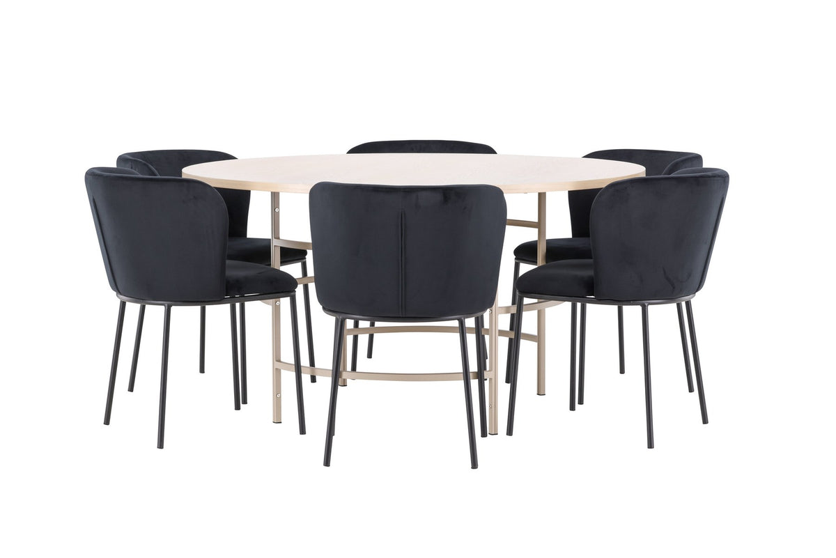 Rundes Esszimmerset Copenhagen von Venture Home: Esstisch aus MDF in White Wash mit sechs Edina Stühlen mit Metallgestell