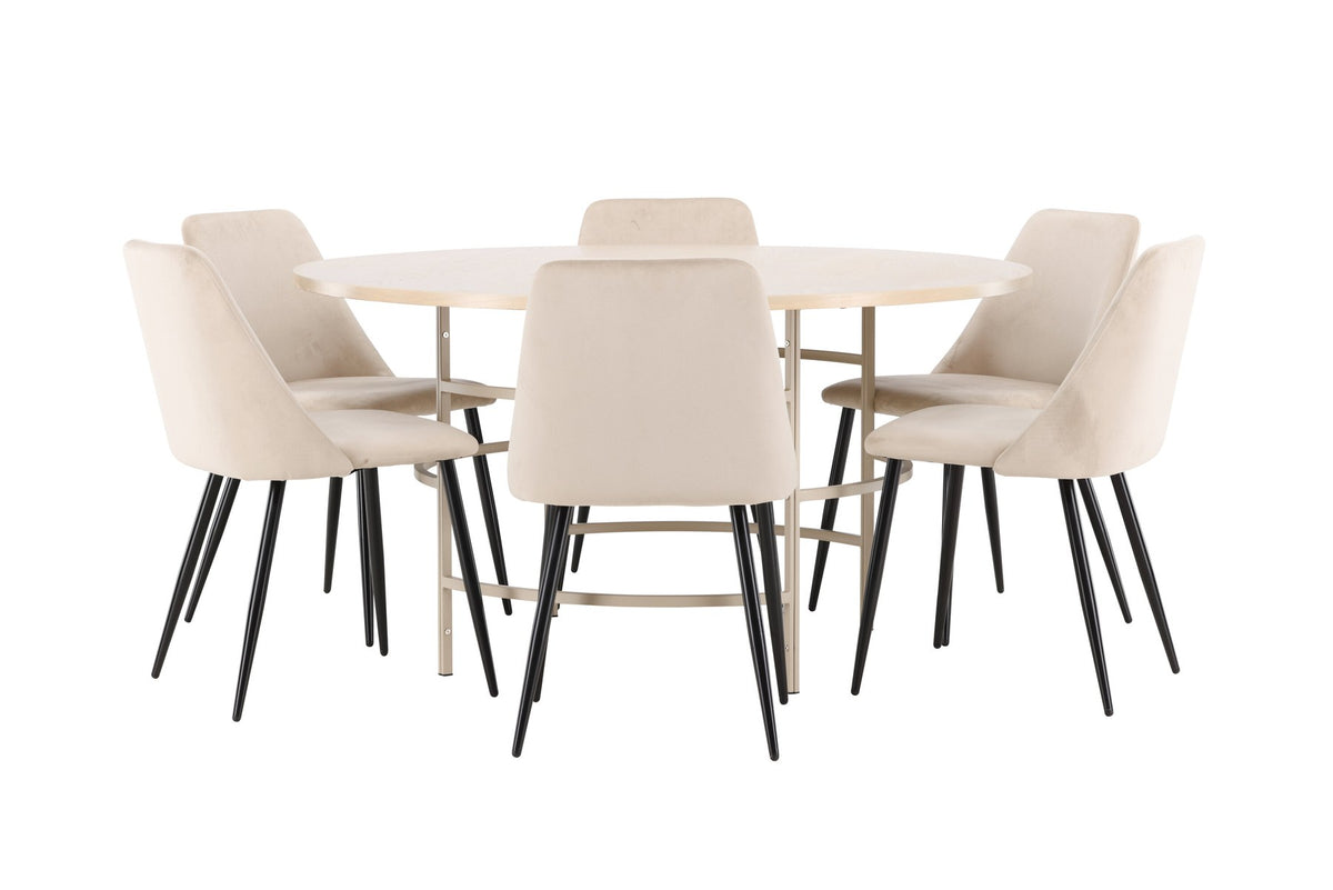 Rundes Esszimmerset Copenhagen mit Nachtstuhl von Venture Home: Tisch aus MDF in White Wash mit Metallgestell und sechs Samt-Stühlen mit schwarzen Beinen.