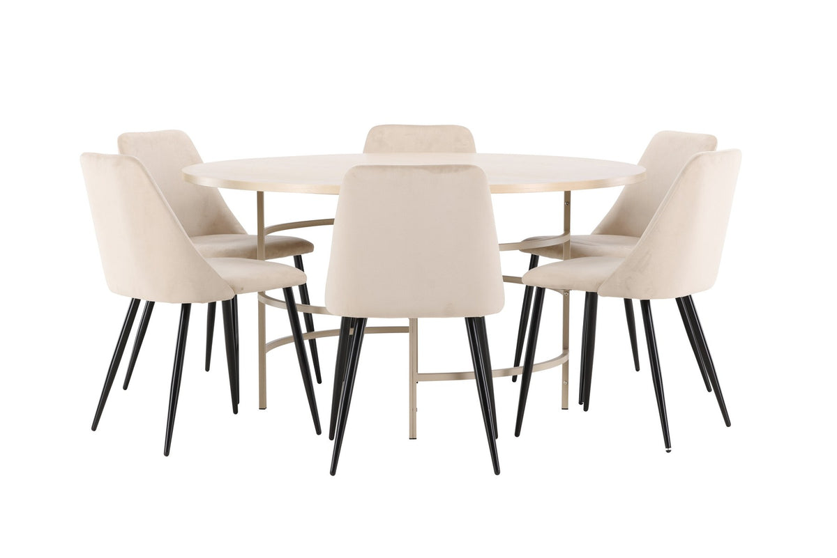 Rundes Esszimmerset Copenhagen mit Nachtstuhl von Venture Home: Tisch aus MDF in White Wash mit Metallgestell und sechs Samt-Stühlen mit schwarzen Beinen.