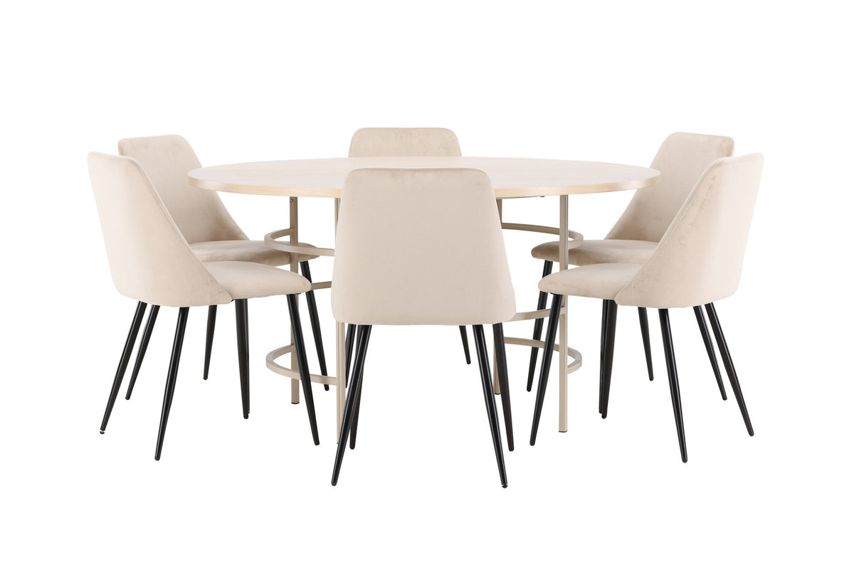 Rundes Esszimmerset Copenhagen mit Nachtstuhl von Venture Home: Tisch aus MDF in White Wash mit Metallgestell und sechs Samt-Stühlen mit schwarzen Beinen.