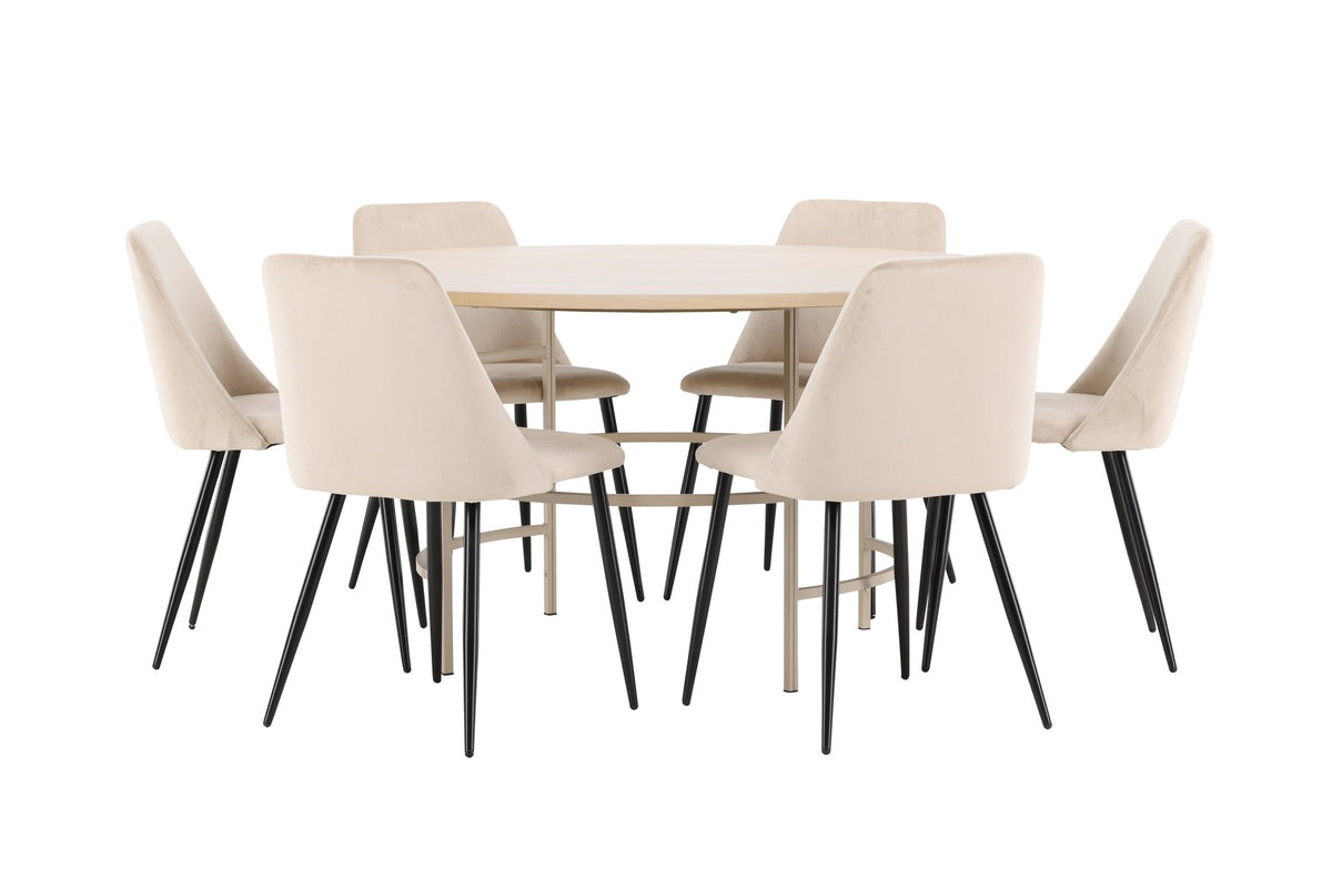 Rundes Esszimmerset Copenhagen mit Nachtstuhl von Venture Home: Tisch aus MDF in White Wash mit Metallgestell und sechs Samt-Stühlen mit schwarzen Beinen.