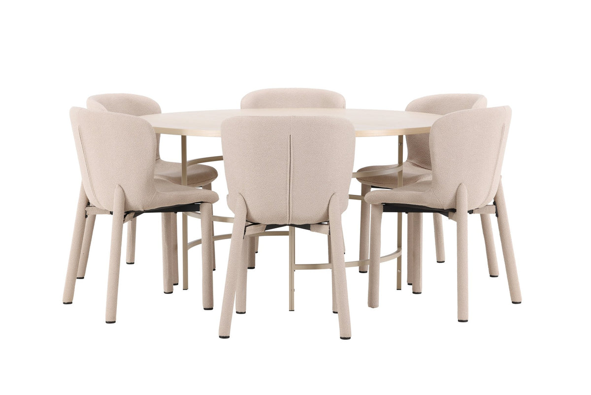 Runder Esstisch Copenhagen aus MDF in White Wash mit sechs Astoria-Stühlen aus Metall mit beiger Bouclé-Polsterung im Esszimmer.