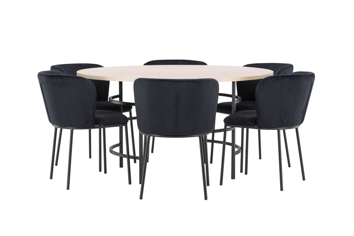Rundes Esszimmerset Copenhagen von Venture Home: Esstisch aus MDF in White Wash mit sechs Edina Stühlen mit Metallgestell