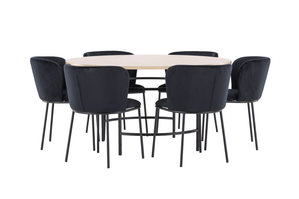 Rundes Esszimmerset Copenhagen von Venture Home: Esstisch aus MDF in White Wash mit sechs Edina Stühlen mit Metallgestell