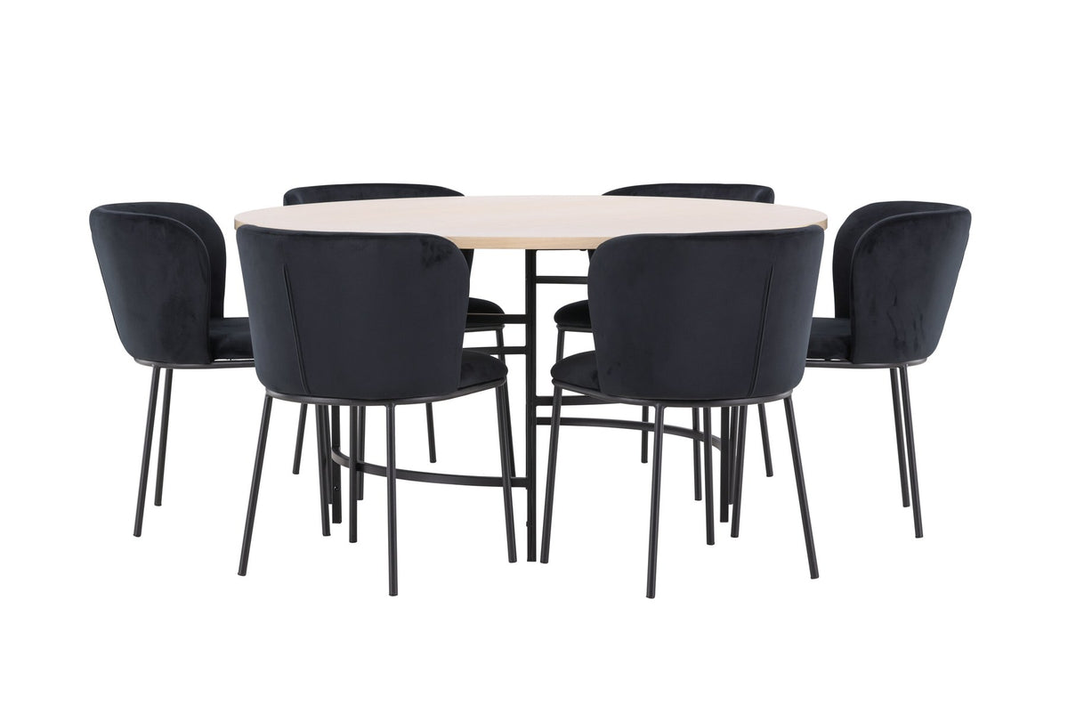 Rundes Esszimmerset Copenhagen von Venture Home: Esstisch aus MDF in White Wash mit sechs Edina Stühlen mit Metallgestell