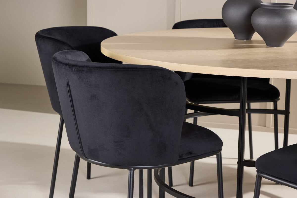 Rundes Esszimmerset Copenhagen von Venture Home: Esstisch aus MDF in White Wash mit sechs Edina Stühlen mit Metallgestell
