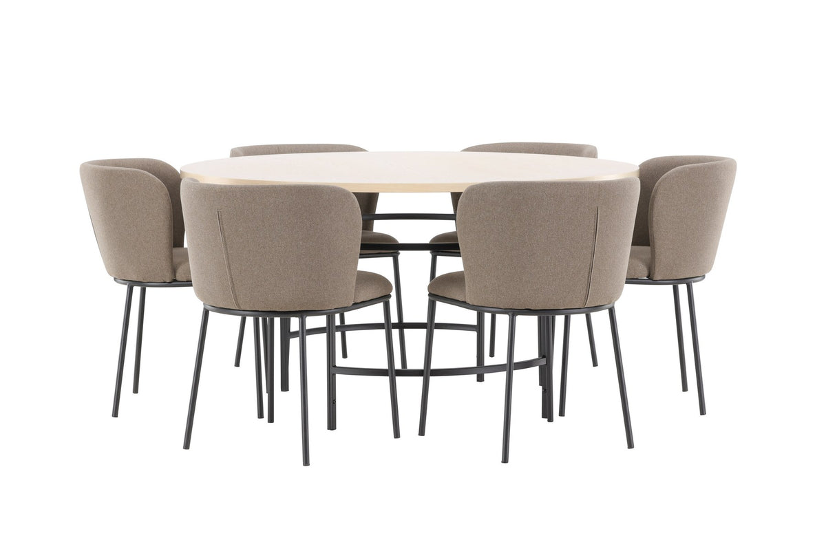 Rundes Esszimmerset Copenhagen von Venture Home: Esstisch aus MDF in White Wash mit sechs Edina Stühlen mit Metallgestell