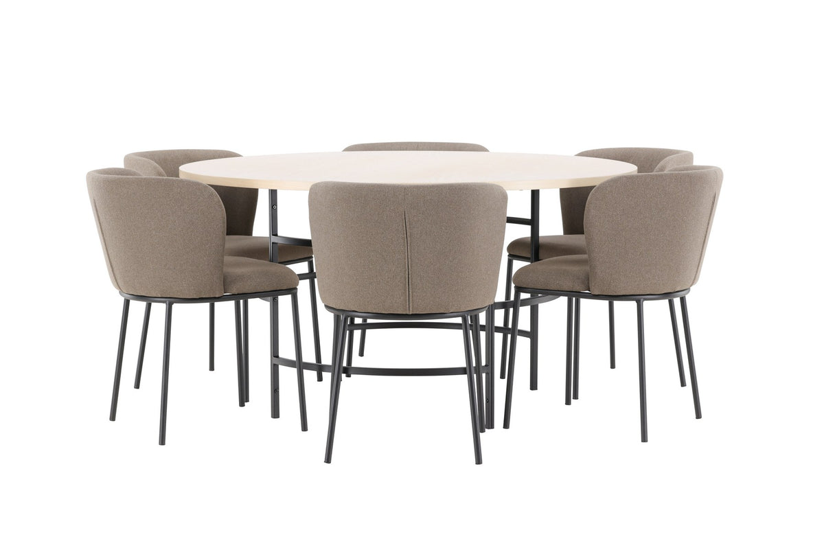 Rundes Esszimmerset Copenhagen von Venture Home: Esstisch aus MDF in White Wash mit sechs Edina Stühlen mit Metallgestell
