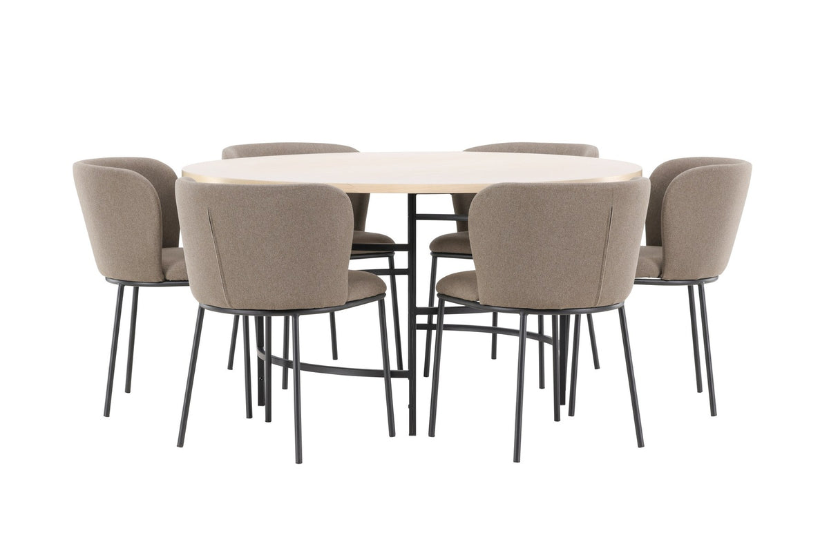 Rundes Esszimmerset Copenhagen von Venture Home: Esstisch aus MDF in White Wash mit sechs Edina Stühlen mit Metallgestell