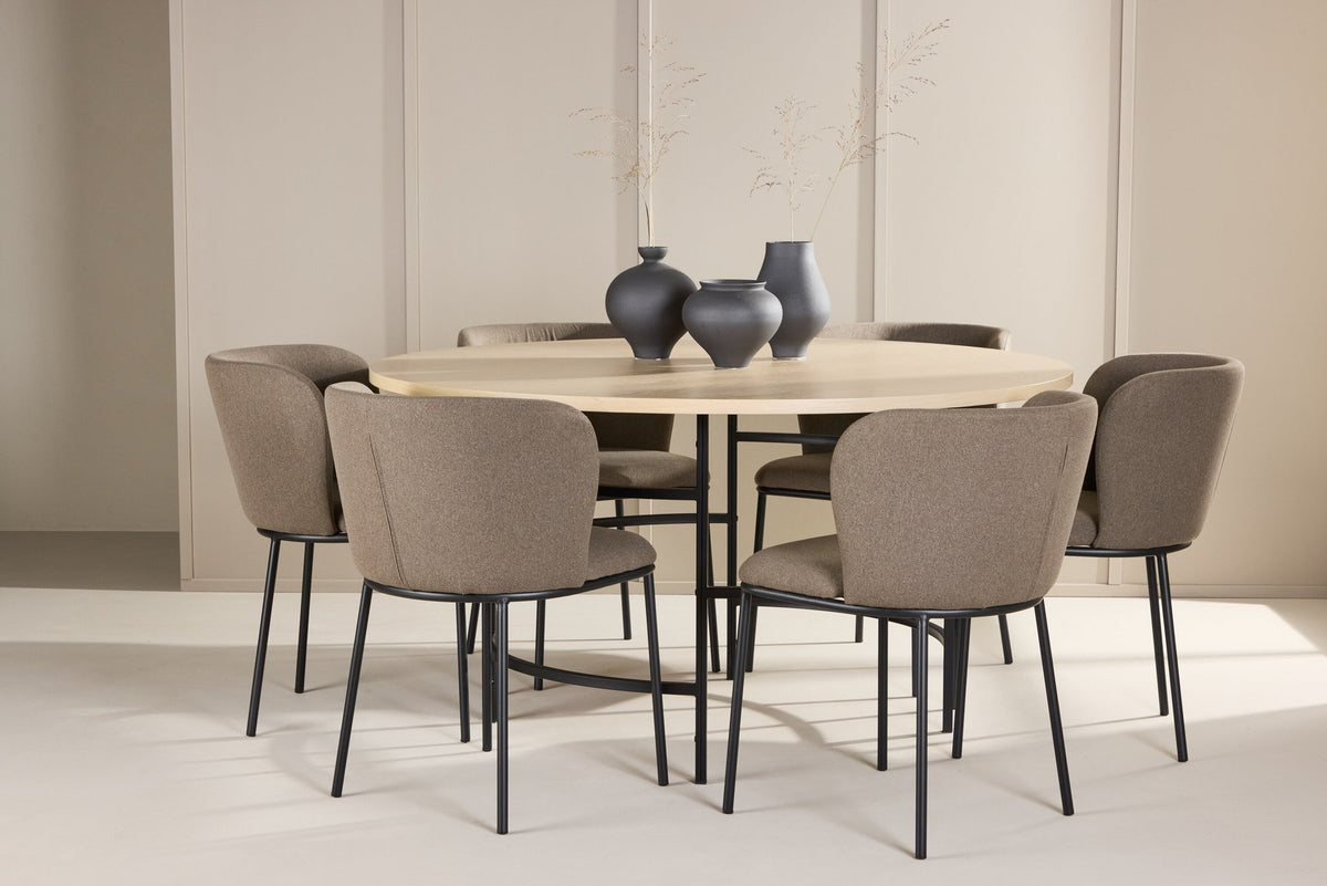 Rundes Esszimmerset Copenhagen von Venture Home: Esstisch aus MDF in White Wash mit sechs Edina Stühlen mit Metallgestell